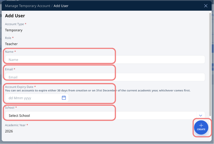 Fill in Temporary User Details